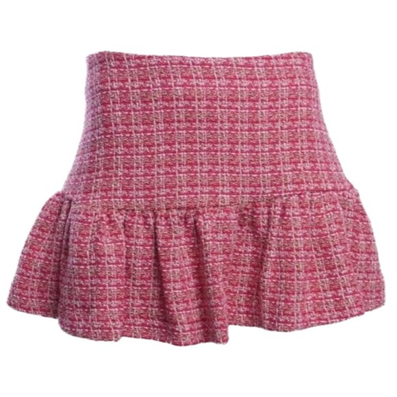 Zara Tweed Ruffle Hem Skort Pink Plaid Medium Blogger Favorite Mini Shorts - Picture 1 of 10